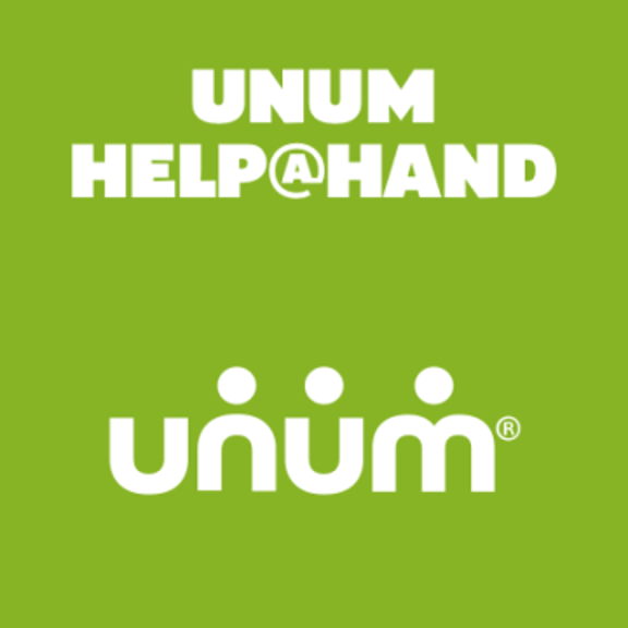 UNUM logo with the text "HELP@HAND" on a green background