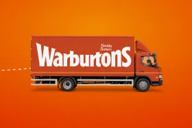 Warburtons delivery truck on an orange background