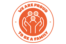 Logo featuring hands holding three figures with the text "We Are Proud to Be a Family