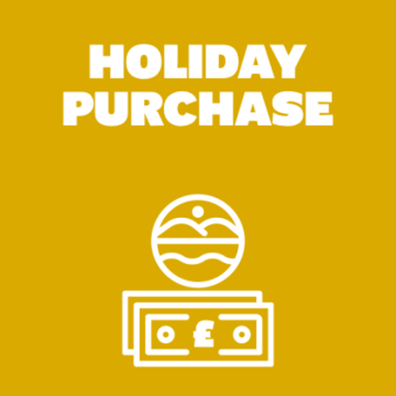 Graphic featuring the text "Holiday Purchase" with an icon of money and a beach scene