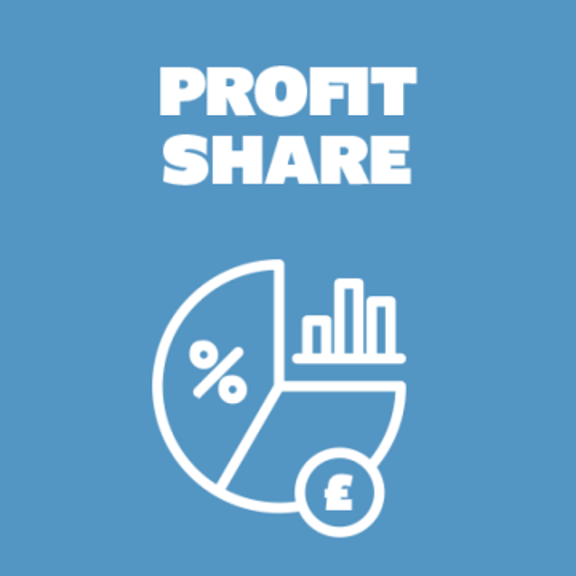 Graphic illustrating profit share with a percentage symbol and bar chart