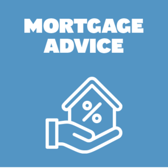 Mortgage advice graphic featuring a hand holding a house with a percentage symbol