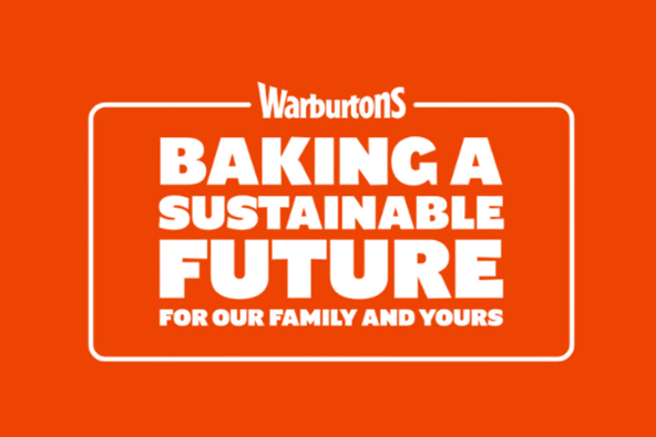 Warburtons logo with the text "Baking a Sustainable Future for Our Family and Yours" on an orange background