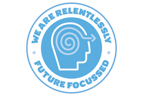 Logo featuring a stylized head with a spiral and arrow, surrounded by the text "WE ARE RELENTLESSLY FUTURE FOCUSSED