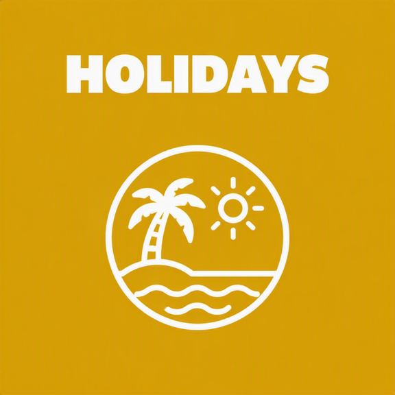 Icon of a beach scene with a palm tree and sun, labeled "HOLIDAYS